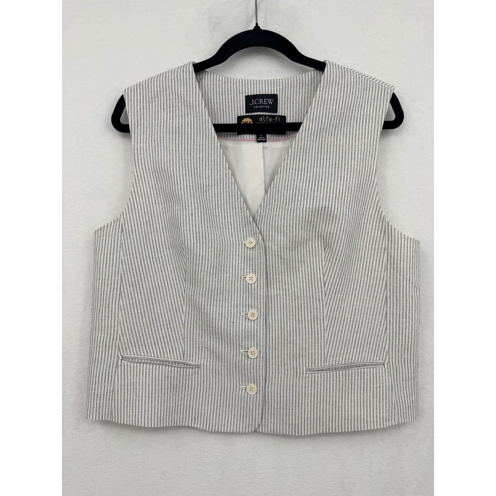 J.Crew Collection Pinstripe Linen Cotton Vest Blue White Metallic 14 Old Money